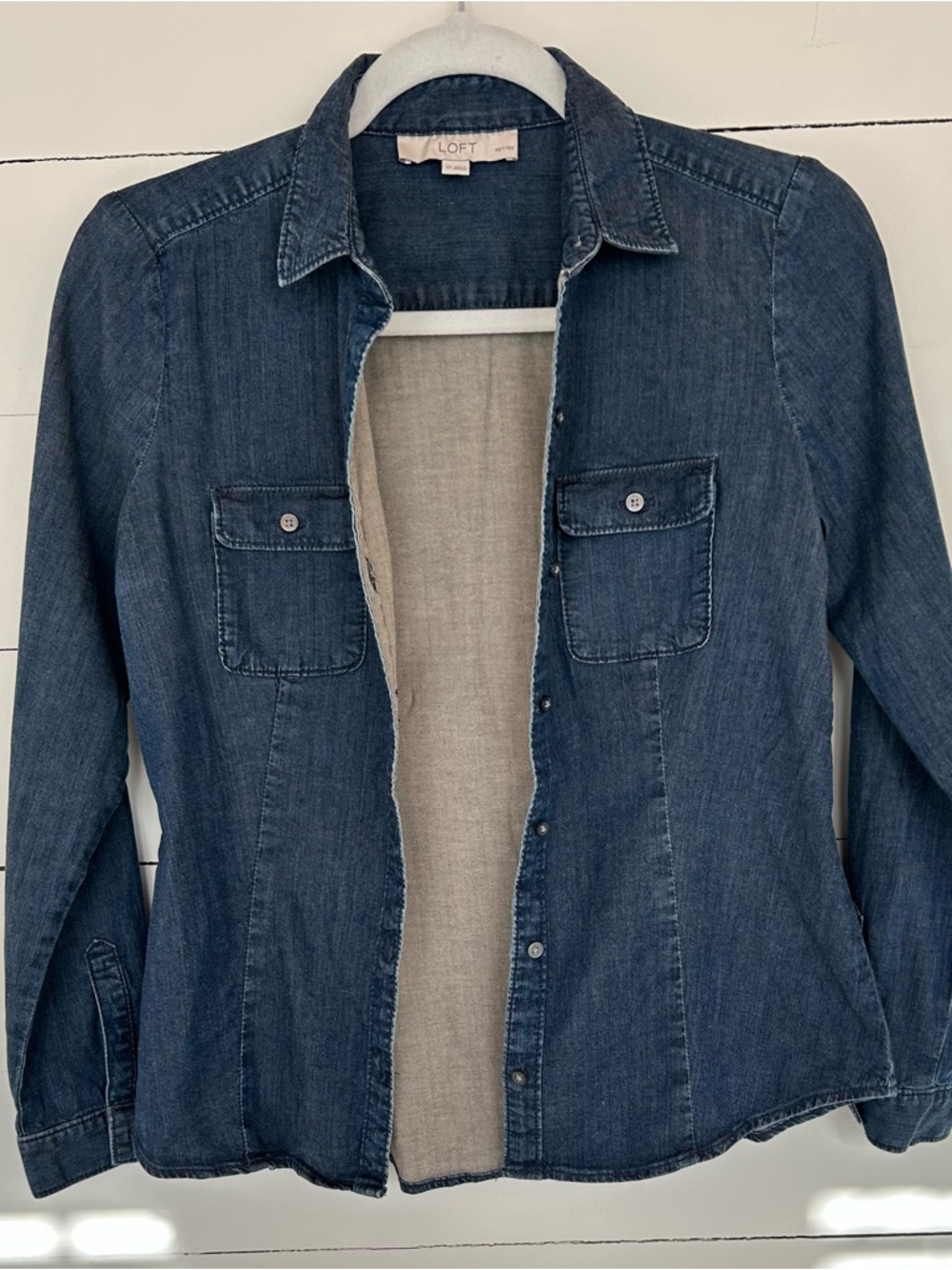 LOFT Vintage Denim L/S Lined Button Down Blouse, Size SP. - Picture 3 of 5